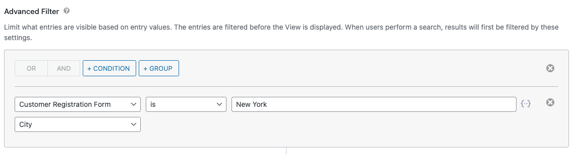 Advanced filter settings showing conditions: "Customer Registration Form is New York" and "City"