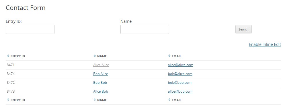 Contact form interface with search fields for Entry ID and Name, displaying a list of entries with emails