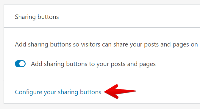Toggle and link to configure social media sharing buttons in JetPack settings