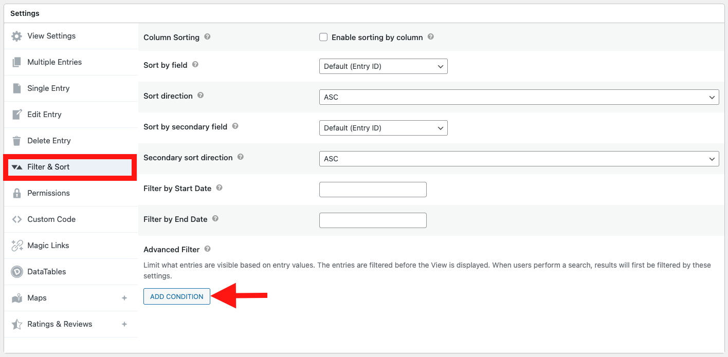 Filter & Sort settings with options for sorting and adding advanced conditions