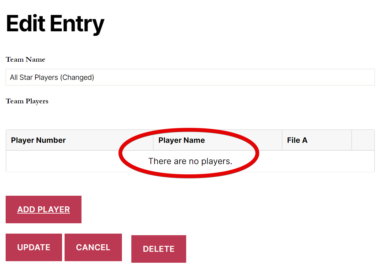 Edit Entry form shows team "All Star Players" with no listed players. Options: Add Player, Update, Cancel, Delete