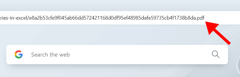 URL in browser bar ends with .pdf, indicating a file format change. Red arrow highlights this extension