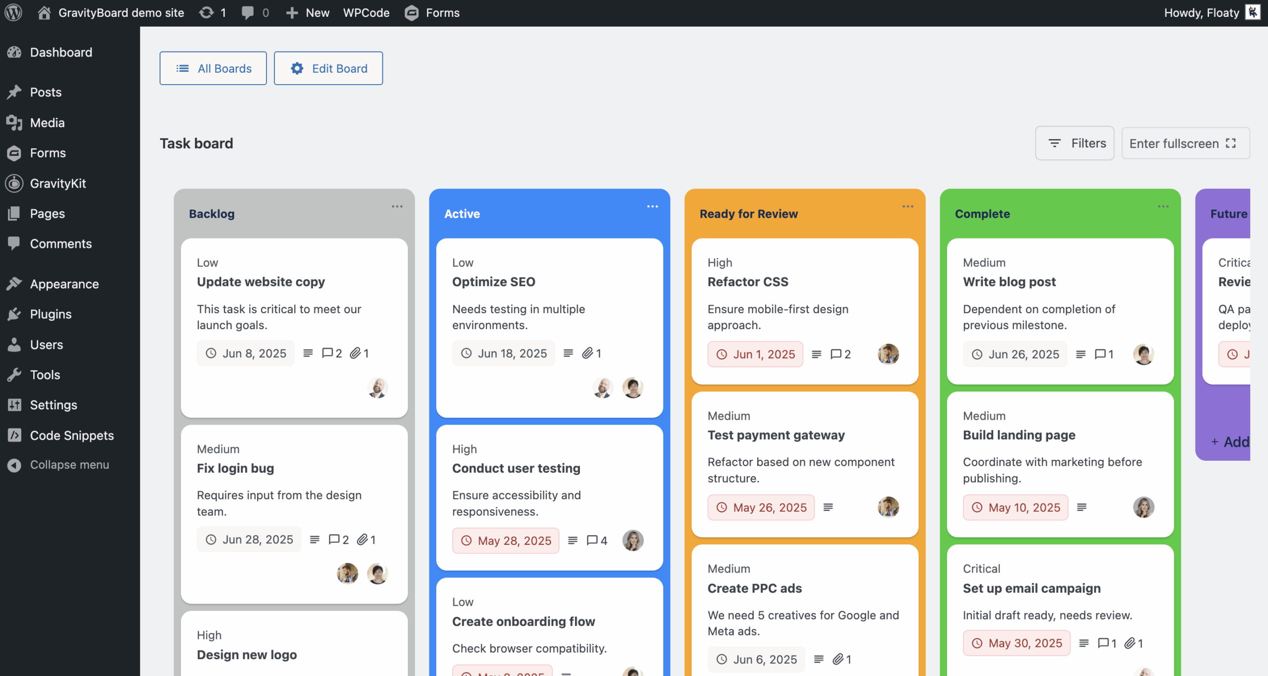 A GravityBoard displayed inside the WordPress admin dashboard; you can see the admin bar at the top and the admin menu on the left