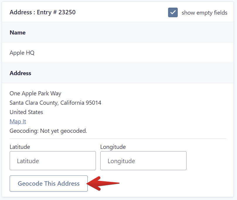 Address entry form showing "Geocode This Address" button for location data conversion
