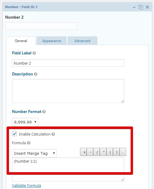 Field settings for number with calculation enabled and formula input options available