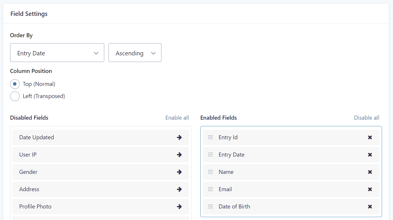 Field settings for sorting entries by date, showing enabled and disabled fields