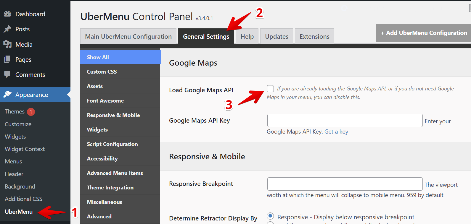 UberMenu settings for loading Google Maps API in WordPress plugin menu