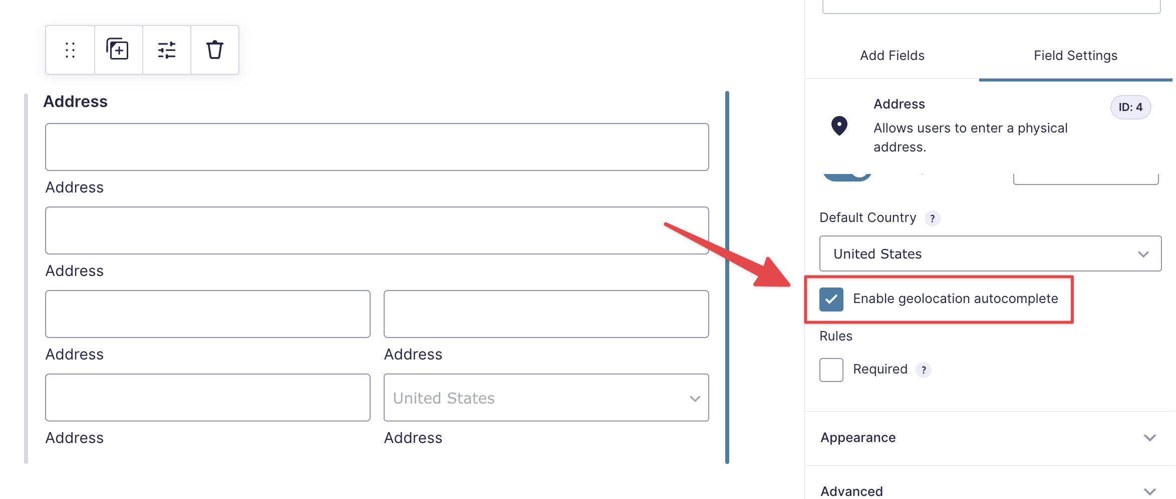 Address field setup with enabled geolocation autocomplete option in Gravity Forms