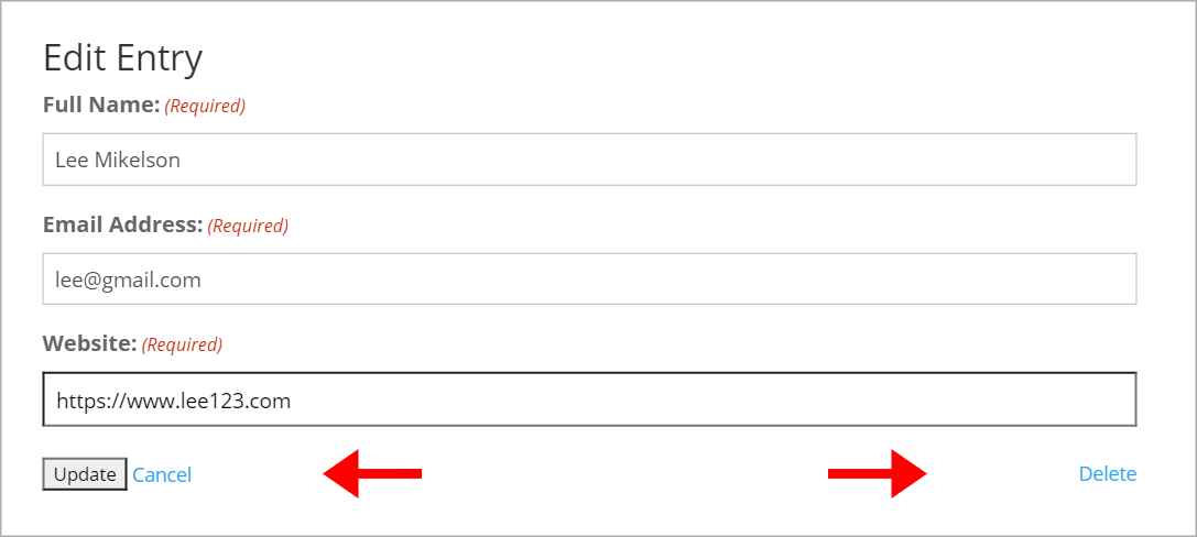 Edit entry form with fields for name, email, website. Buttons: Update, Cancel, Delete. Arrows point to buttons
