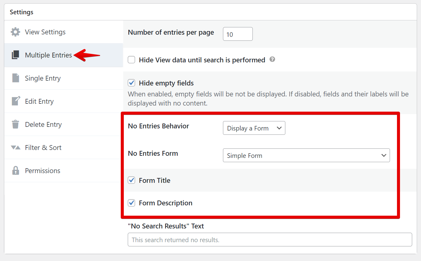 Screenshot showing the Multiple Entries tab inside the View Settings metabox