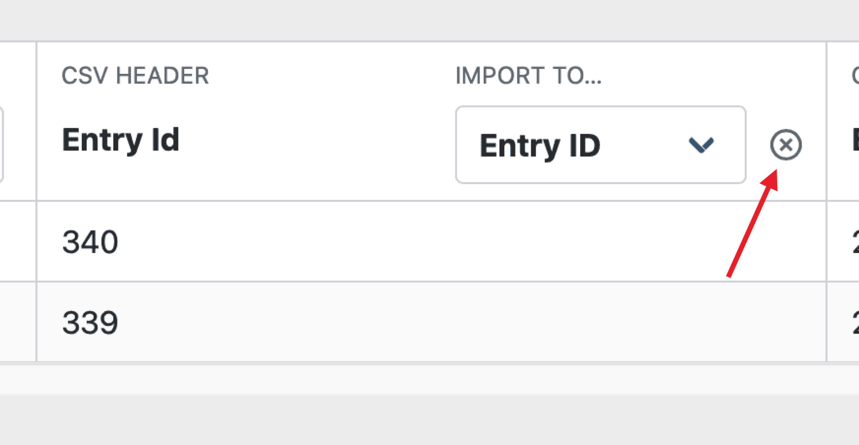 CSV import screen with Entry ID column and remove entry button highlighted