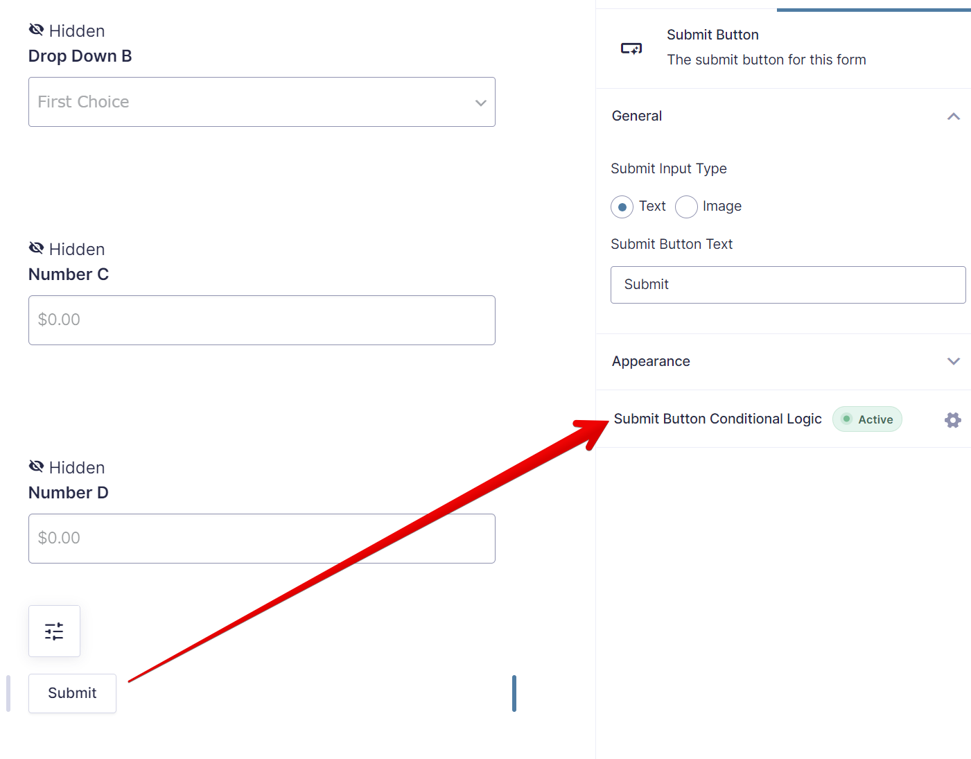 Submit button settings with conditional logic active