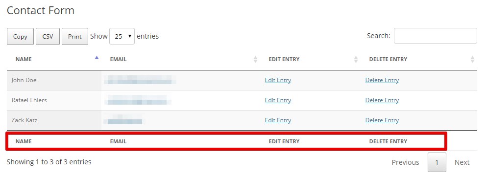 Table with column headings "Name," "Email," "Edit Entry," "Delete Entry" duplicated at the bottom