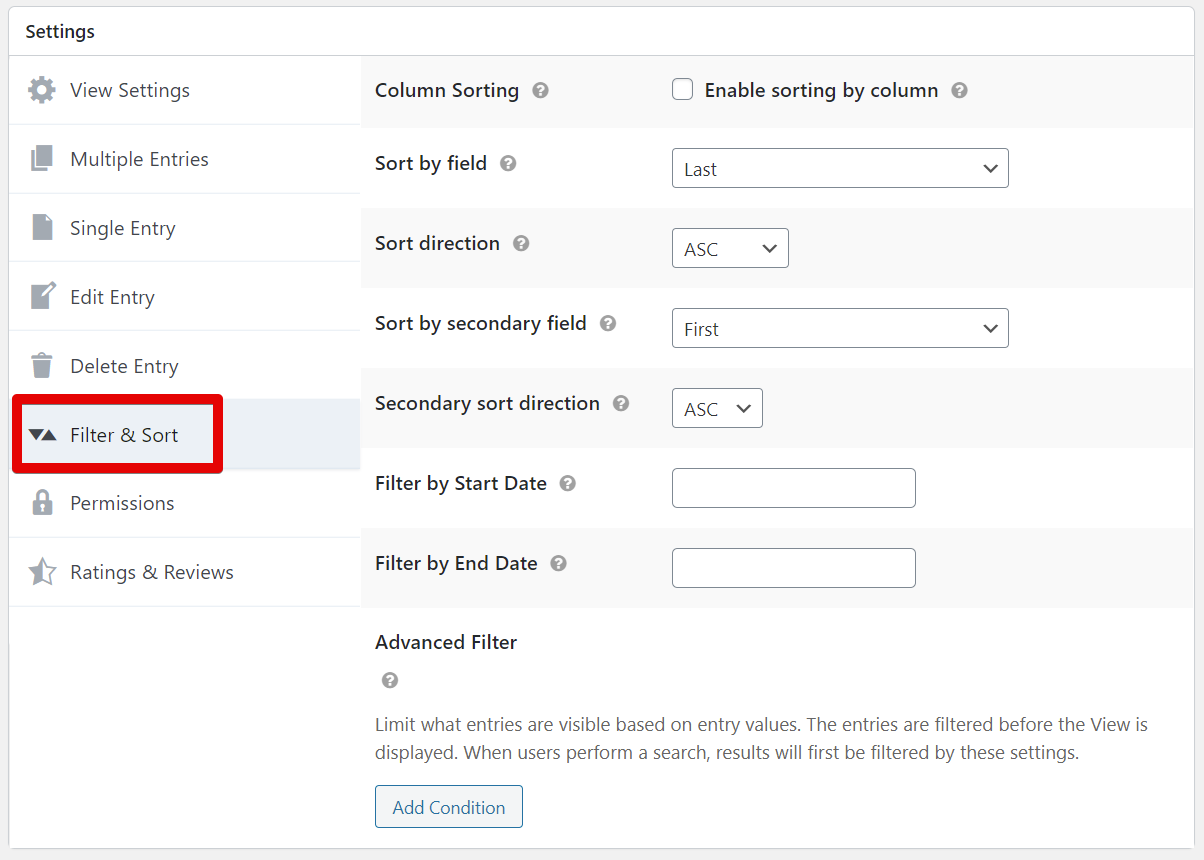 Filter and Sort settings showing options to sort by field and date, with advanced filter condition setup