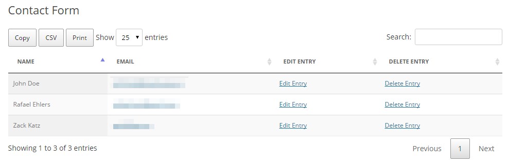 Table with entries showing names, emails, options to edit or delete, and pagination controls at the bottom