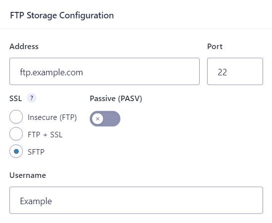 FTP configuration fields: address, port, SSL option with SFTP selected, passive mode toggle, username field
