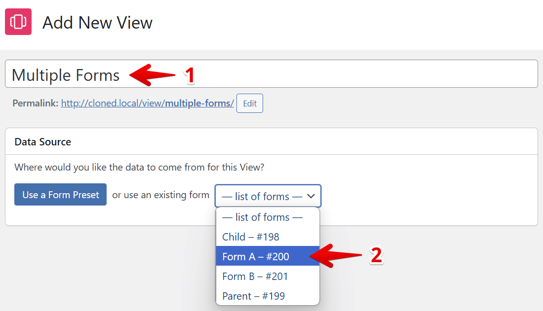 Add New View screen with "Multiple Forms" title and form selection dropdown highlighted