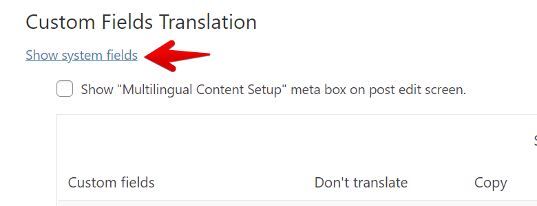 Custom Fields Translation settings with "Show system fields" link highlighted