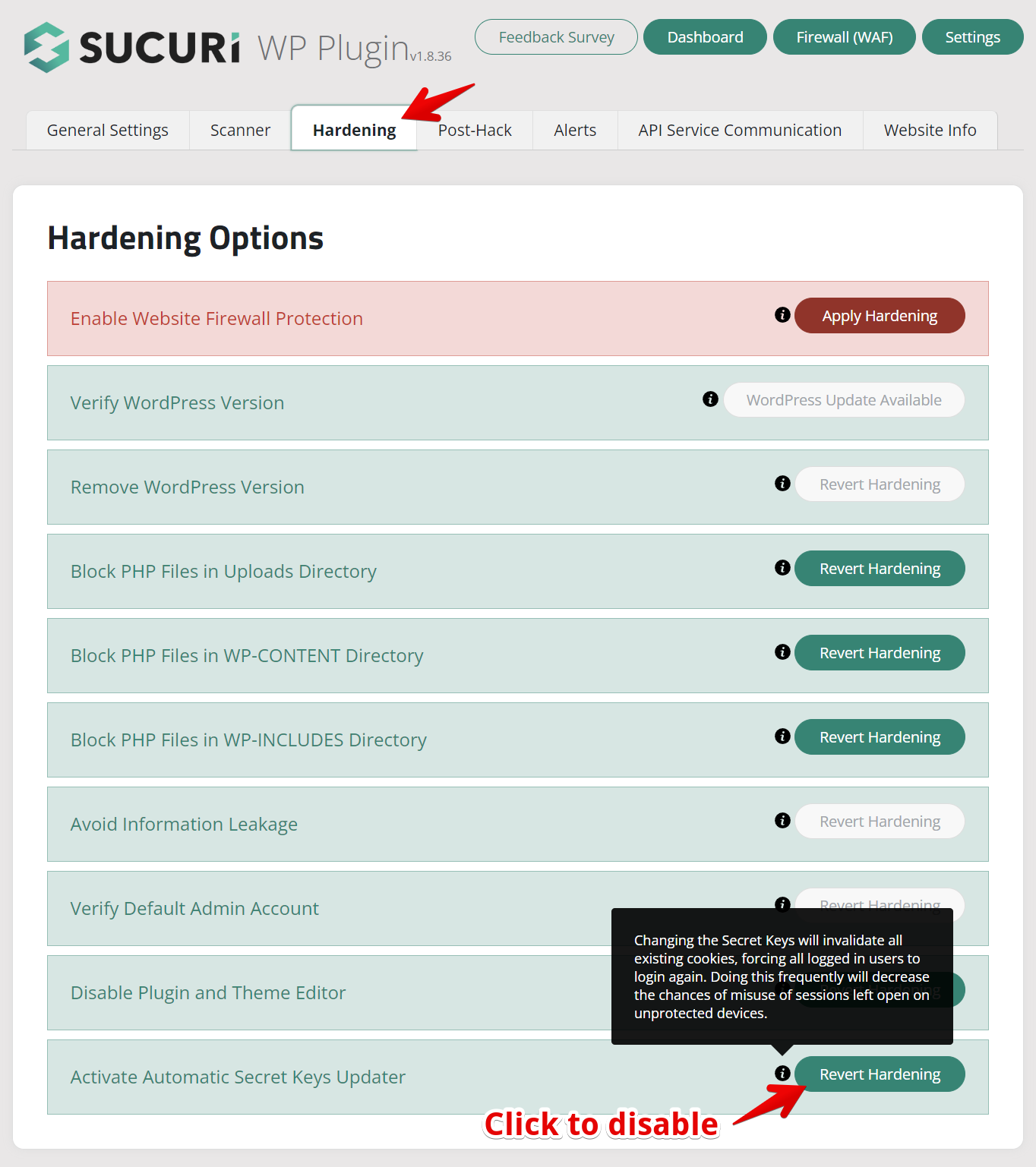 WP Plugin Hardening options list with actions like "Apply Hardening" and "Revert Hardening" buttons