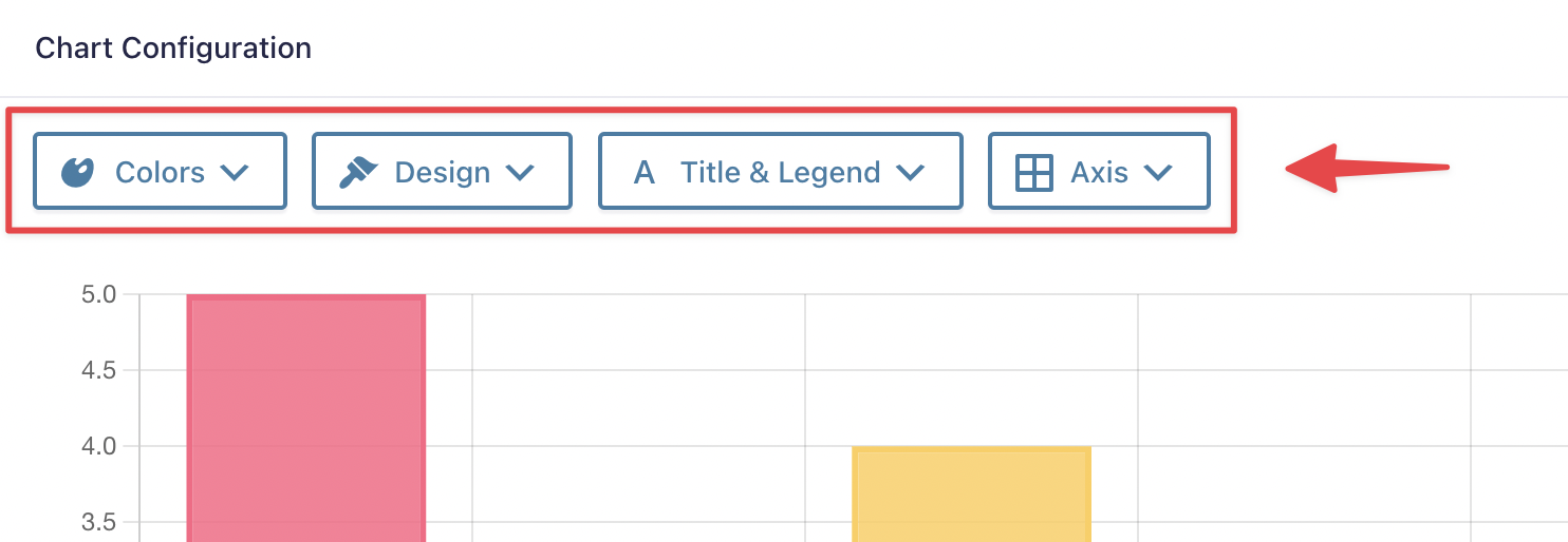 The four design tabs in GravityCharts - Colors, Design, Title & Legend and Axis
