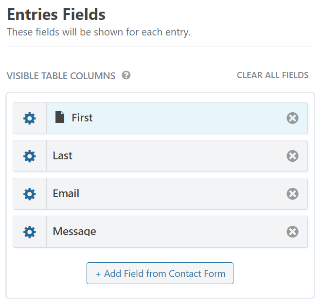 Entries Fields panel with options to add or remove fields: First, Last, Email, Message