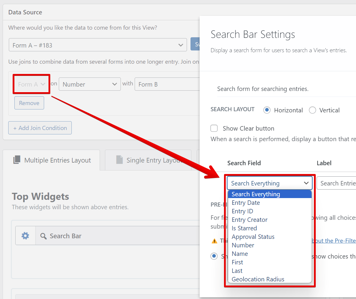 Search bar settings showing dropdown options for search criteria selection in form configuration