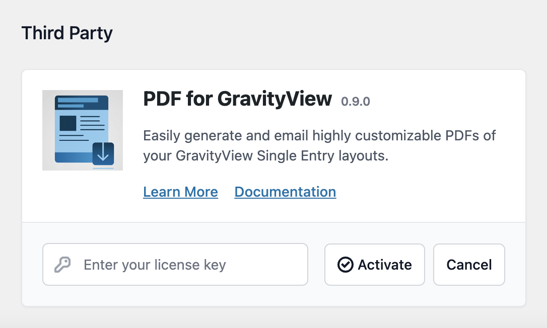 PDF for GravityView tool interface with activate and cancel buttons