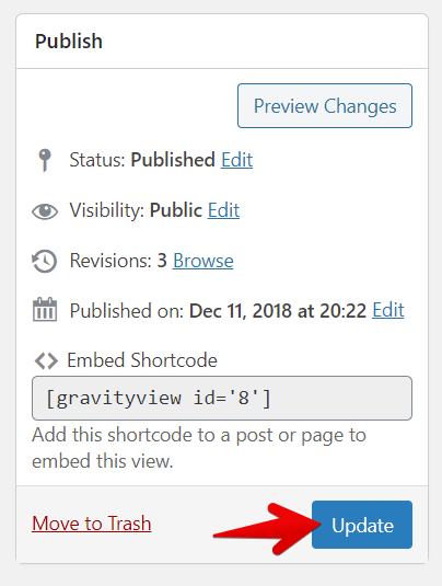 Shortcode setup in GravityView with update button highlighted