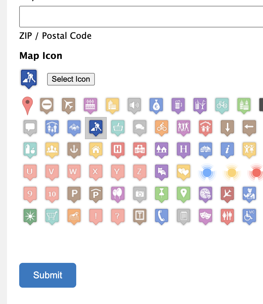Map icon selection with various colorful markers above a submit button