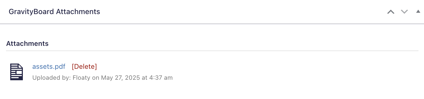 A list of GravityBoard attachments added to an entry. There is only one attachment called assets.pdf and it is a link. Next to the name, there is an option to delete it.