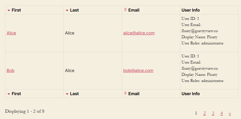 Table showing user entries linked to user info fields; two entries displayed