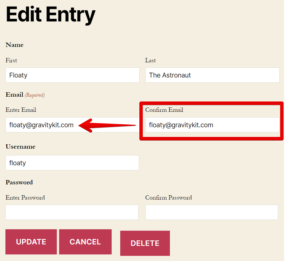 Edit Entry form highlighting "Confirm Email" field with matching email address