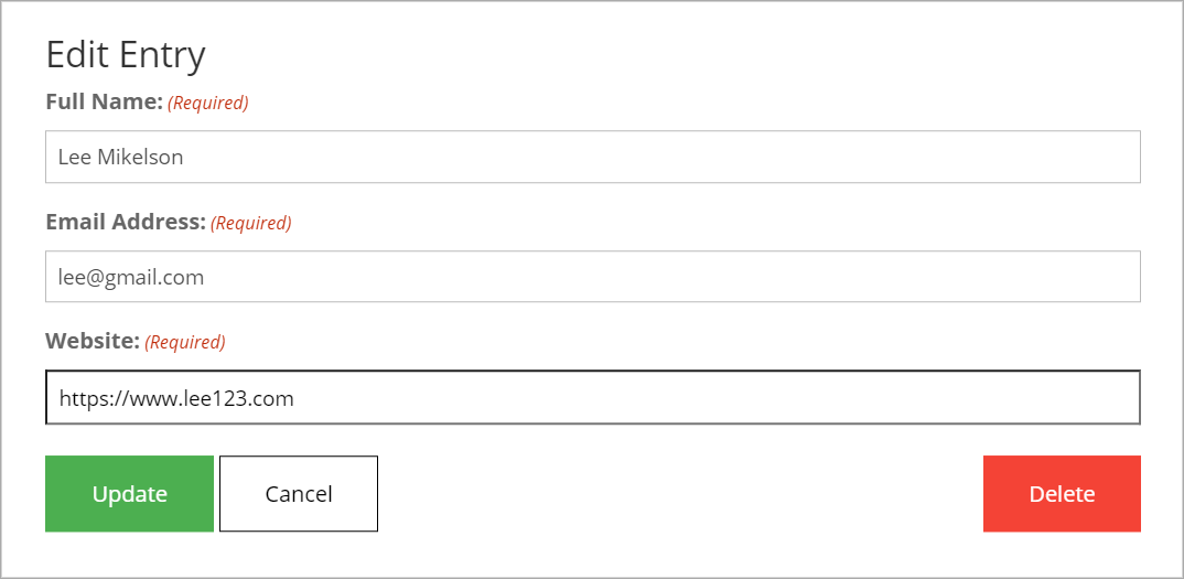 Edit Entry form with fields for name, email, website; buttons: Update, Cancel, Delete