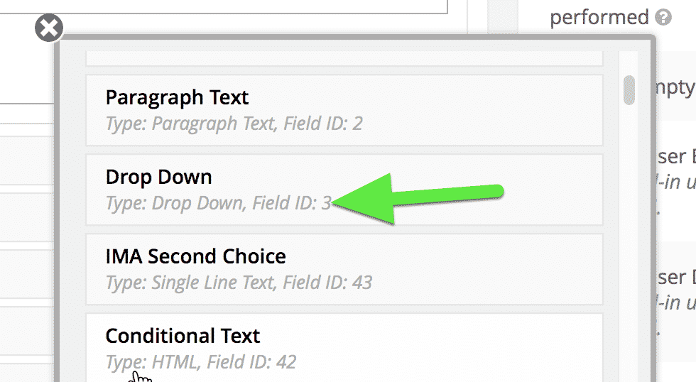 Field selection interface with arrow highlighting Drop Down, Field ID: 3