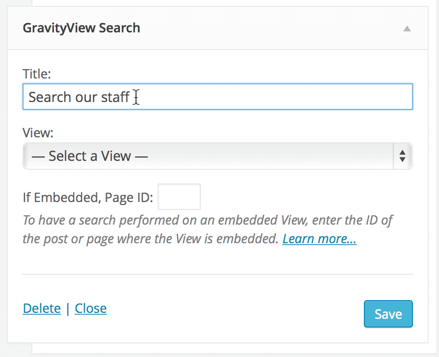 GravityView Search settings form with fields for Title, View selection, Page ID, and Save button