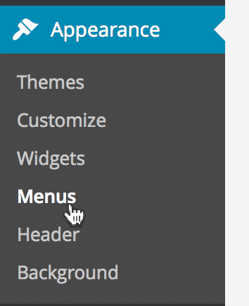 WordPress menu navigation highlighting "Menus" under "Appearance"