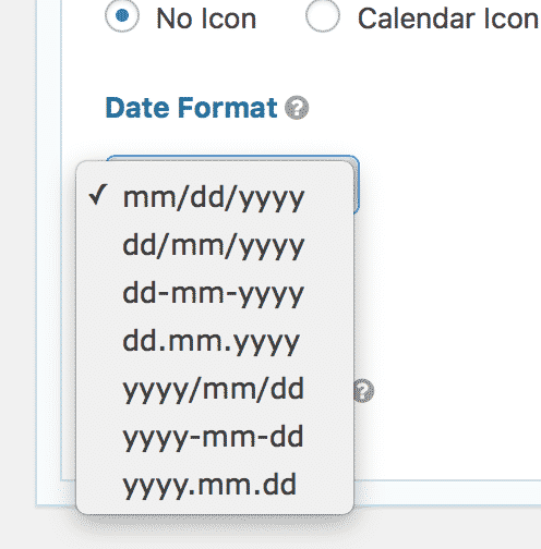 Dropdown menu for selecting date formats in Gravity Forms, options include mm/dd/yyyy and yyyy-mm-dd