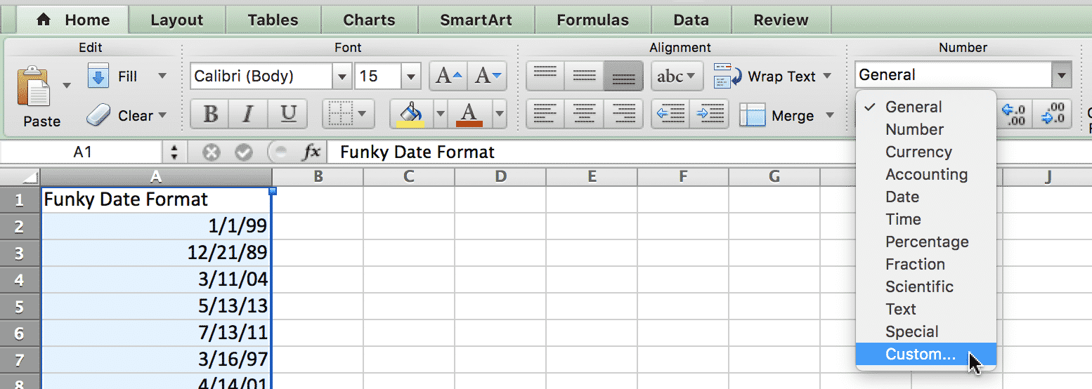 Excel custom date format option selected for date column