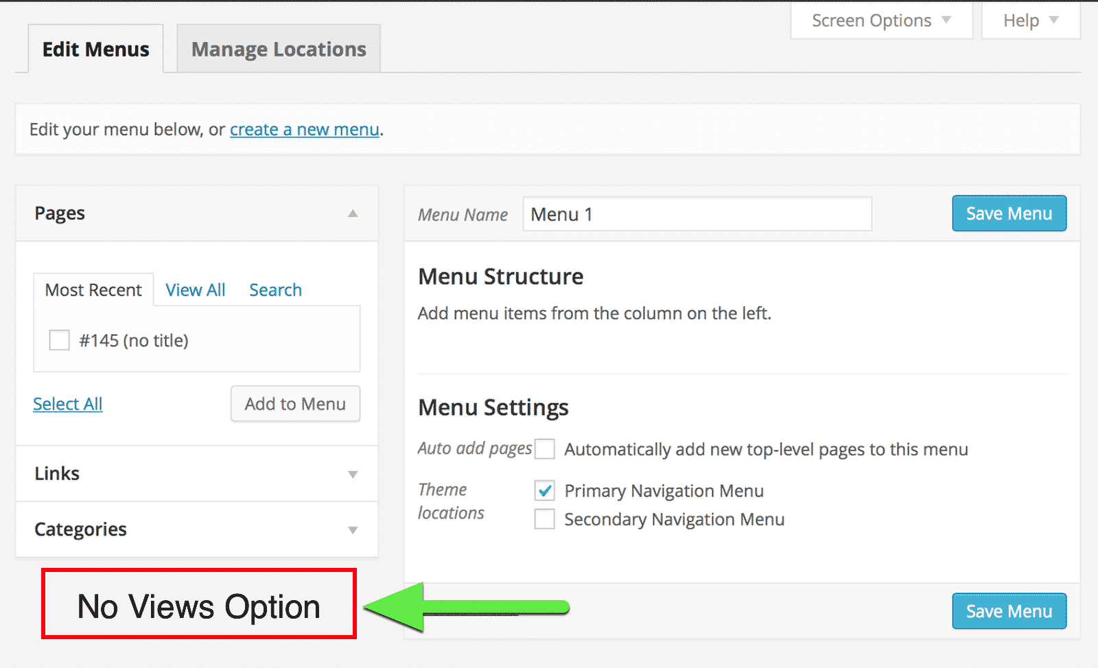 WordPress menu settings interface, missing "Views" option highlighted with an arrow and text