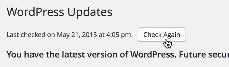 WordPress Updates screen with a button labeled "Check Again" for rechecking available updates