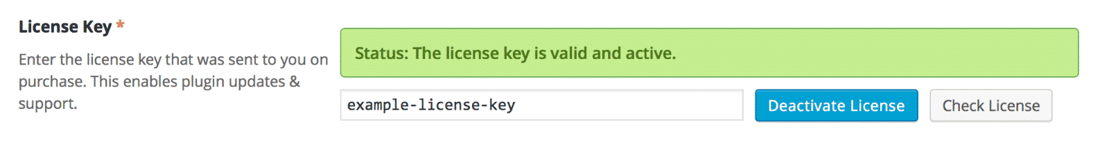 License key entered is valid and active; buttons to deactivate or check license