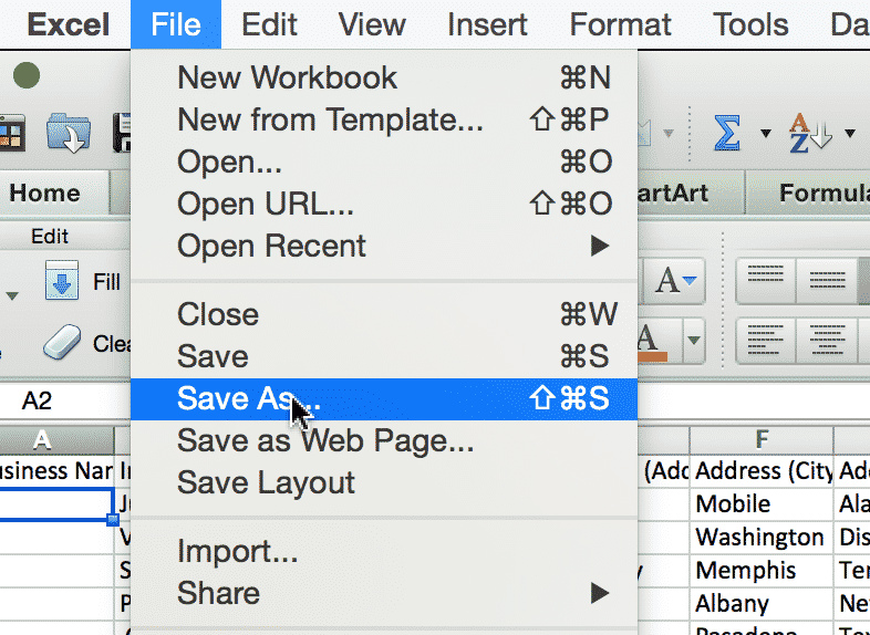 In Excel, select "File" then "Save As" to export a CSV file
