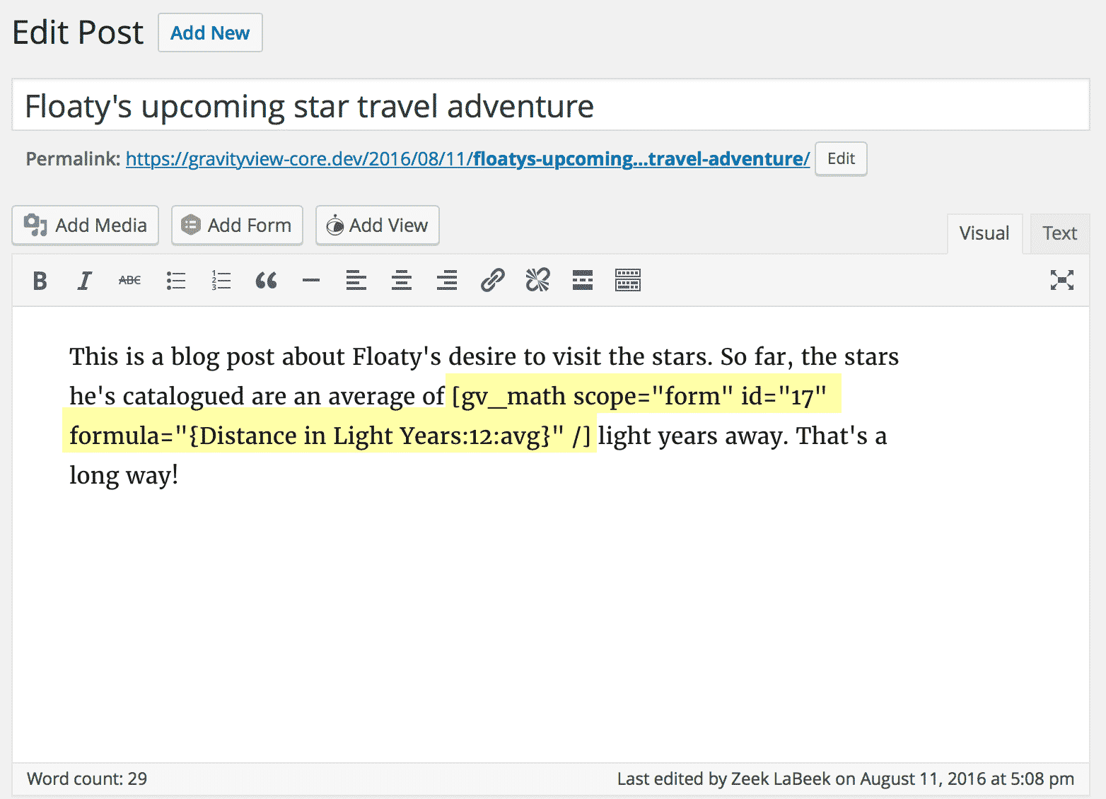 WordPress blog post editor with a calculation shortcode highlighting average distance