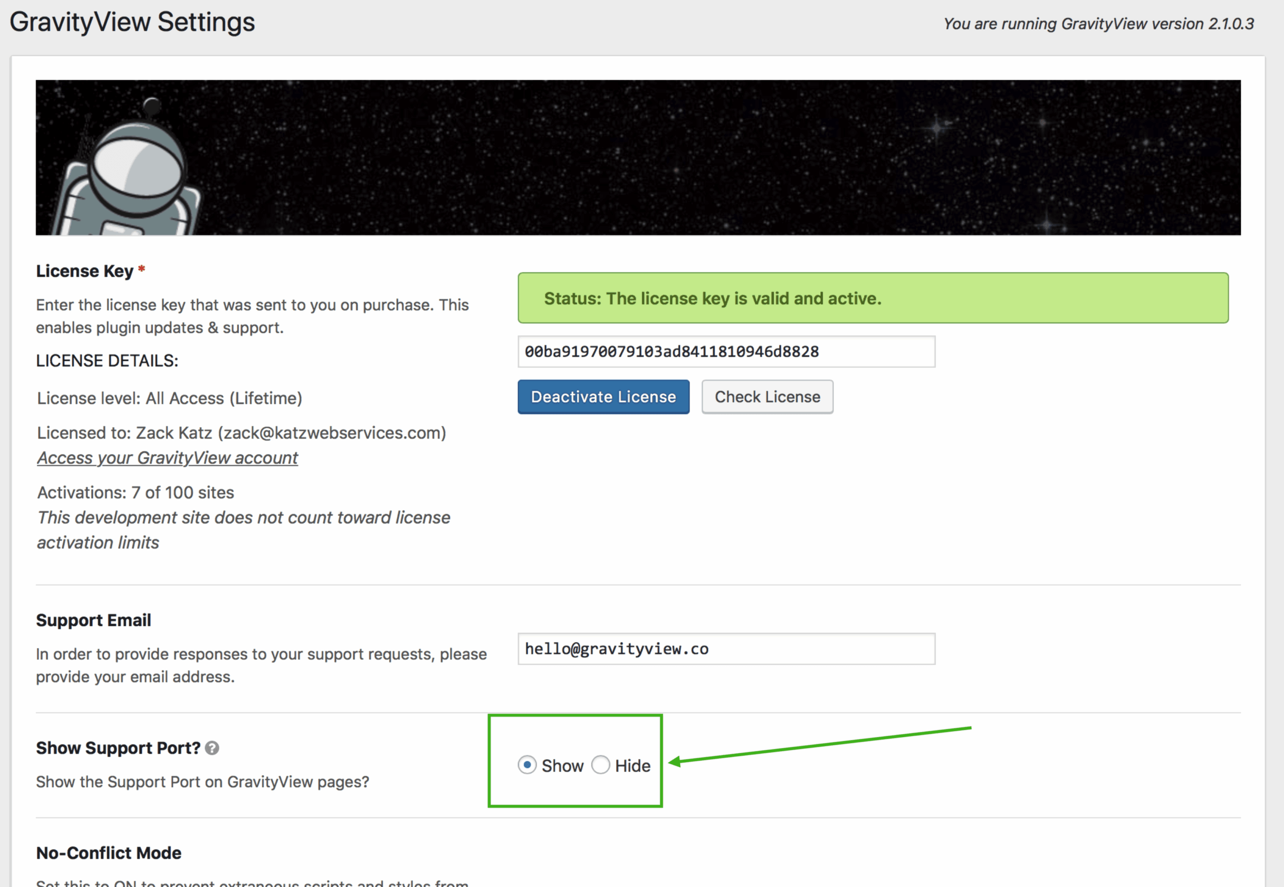 GravityView settings, with arrow pointing to the Support Port Show/Hide setting