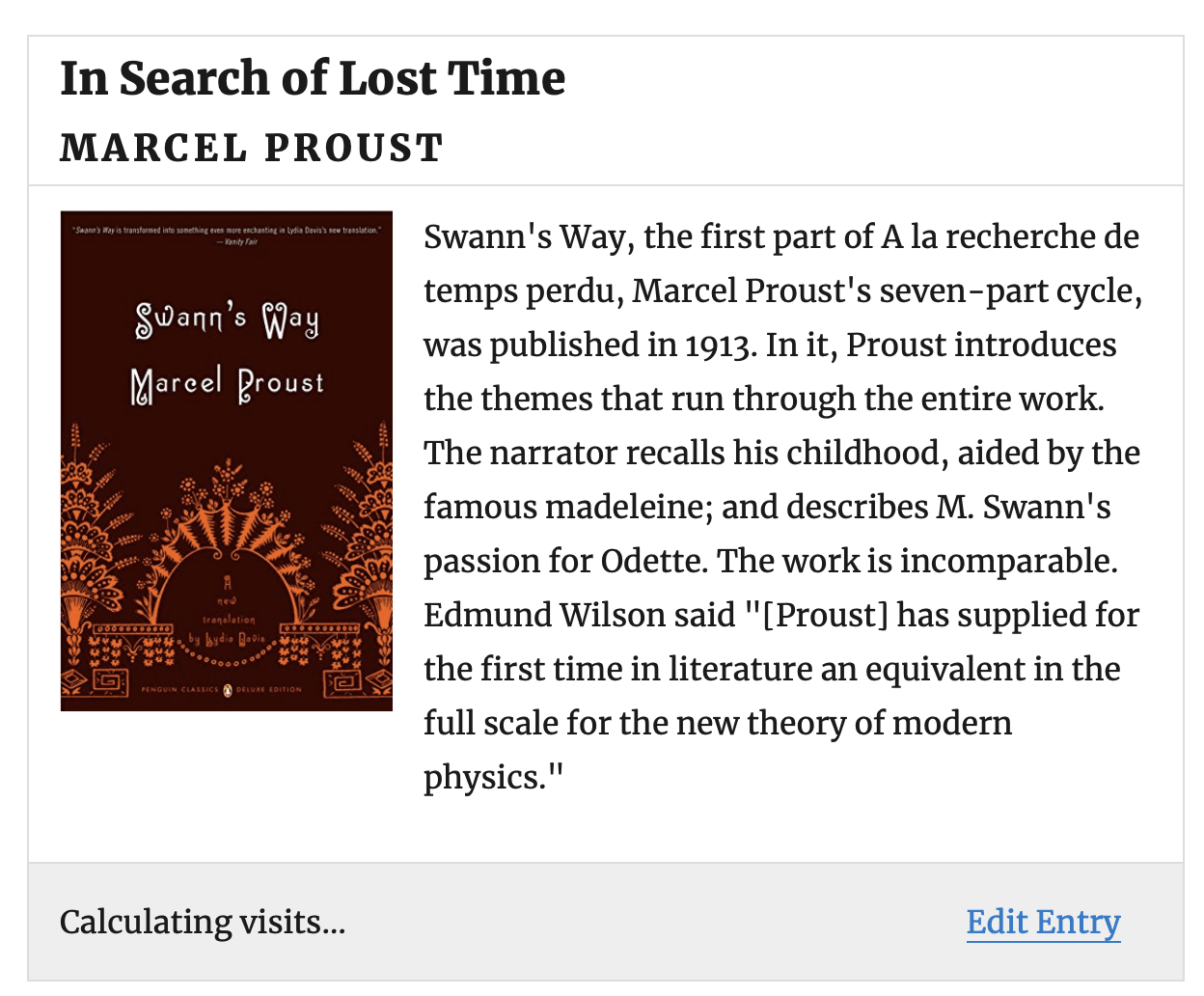 Screenshot of entry with the shortcode rendering as "Calculating visits…" while the result is calculated.