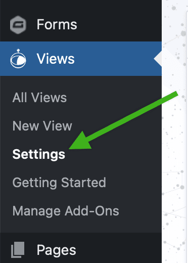 Screenshot of the sidebar menu in the WordPress dashboard with Views menu open and arrow pointing to Settings link.