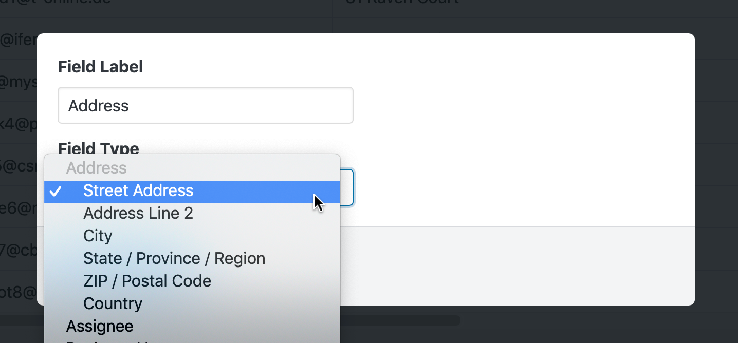 Field settings interface showing "Field Label" as "Address" and "Field Type" dropdown with "Street Address" selected