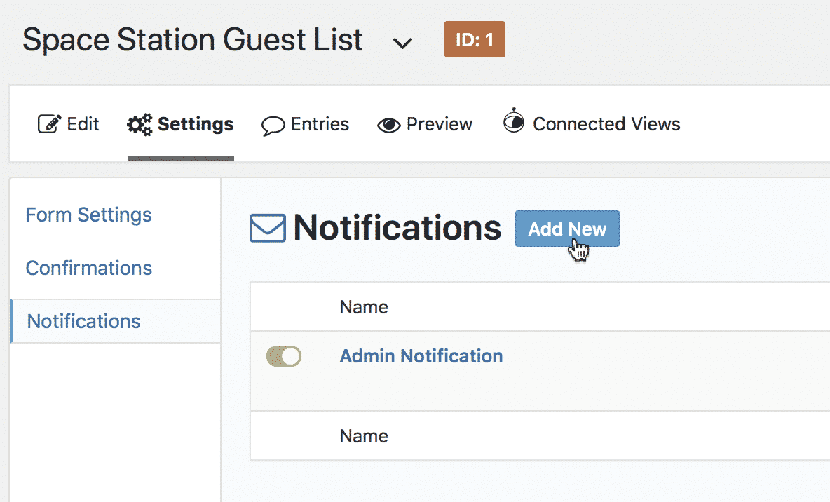 Notifications settings on a form, with an option to add a new notification