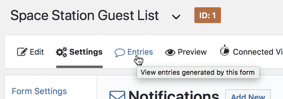 Menu showing "Entries" selected for viewing form entries