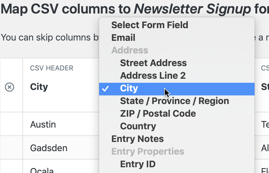 Dropdown menu for mapping CSV "City" column to form field selections during import process